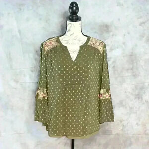 Chico's size 1 green w/gold thread dots;crushed velvet accents on shoulder lined